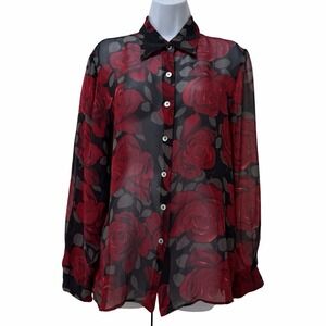 Vintage TESS Womens Rose Print Sheer Silk Button Up Blouse Top Size XL Red Black